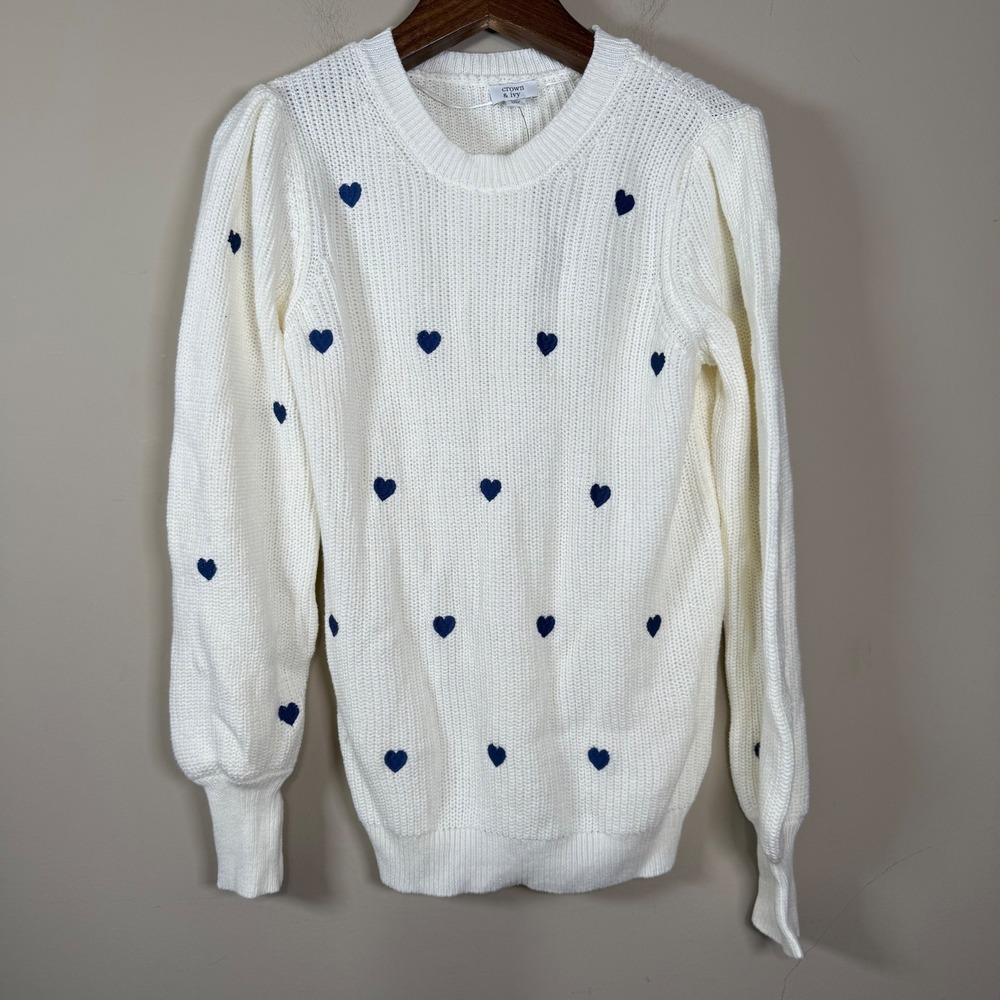 NWT Crown & Ivy Embroidered Heart Valentine Balloon Sleeve Sweater Large